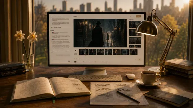 A creative workspace with a monitor running a Fantazia storyboard — directing weekly production.