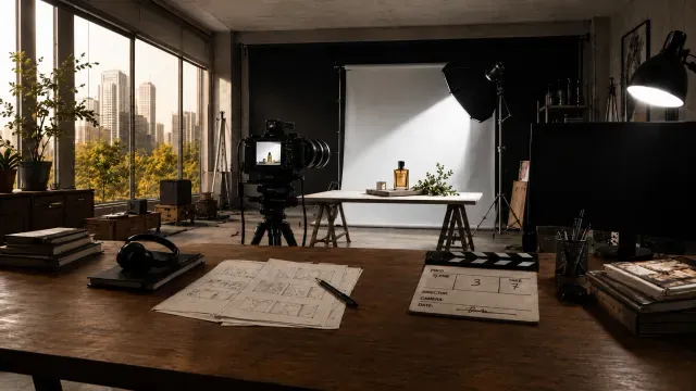 A film studio with camera, lights and clapperboard — sustained cinematic output.